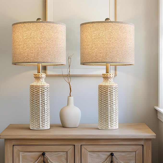 24.75'' Farmhouse Ceramic Table Lamp Set of 2 for Bedroom Living Room Vintage Traditional Rustic Modern White Nightstand Bedside Lamps