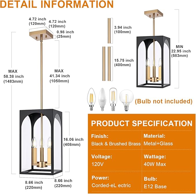 VINLUZ 3 Lights Outdoor Pendant Light Fixture in Black and Brushed Brass Finish, Classic Indoor Outdoor Hanging Lantern Lighting with Clear Glass Shade for Porch Entryway Hallway