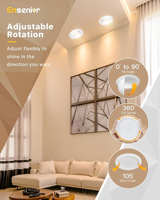 Ensenior 6 Pack 6 inch Gimbal Led Recessed Lighting, 90° Rotatable and 5CCT Selectable, Dimmable Eyeball Recessed Lights, Canless Angled Adjustable Ceiling Downlight, 1200LM, 12W=115W-FCC Certified