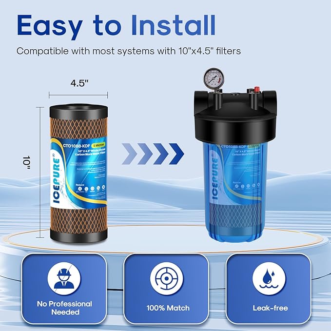 ICEPURE 5 Micron 4.5" x 10" CTO10BB-KDF Whole House Water Filter Coconut Shell Activated Carbon and KDF Heavy Metal Removal Water Filter Replacement for Home, 2PACK
