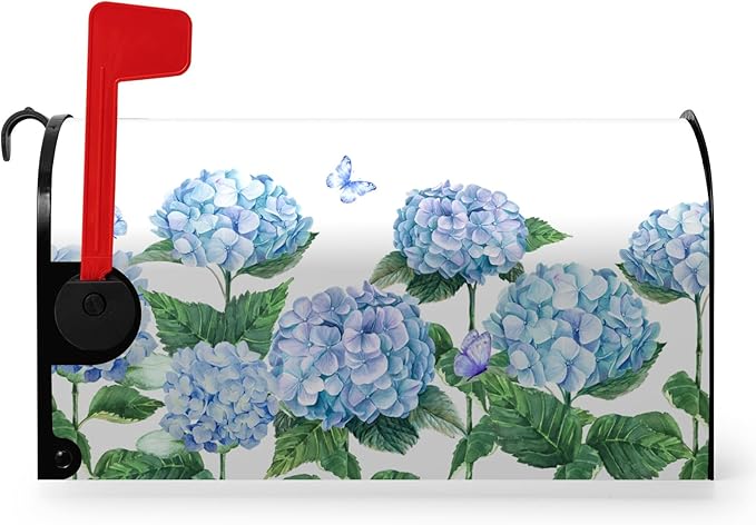 Hydrangea Flowers Magnetic Mailbox Cover Spring Summer Blue Floral Mailbox Covers Standard Size 18 x 21 Inch Outdoor Letter Post Box Wraps for Garden Yard Home Decor
