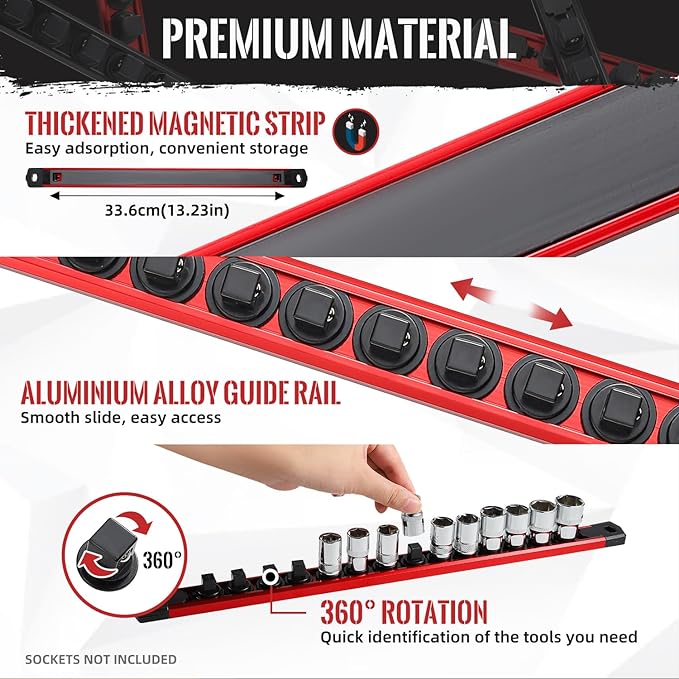 Magnetic Socket Organizer, 3-Piece Heavty Duty Aluminum Socket Holder, Socket Rail for Tool Box, Premium Quality 360° Swivel Socket Rack with 36 Clips for 1/2-Inch(Red)