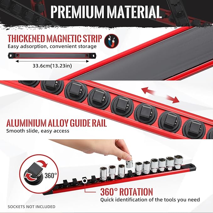 Magnetic Socket Organizer, 3-Piece Heavty Duty Aluminum Socket Holder, Socket Rail for Tool Box, Premium Quality 360° Swivel Socket Rack Kit with 40 Clips for 1/2, 3/8, 1/4-Inch(Red)