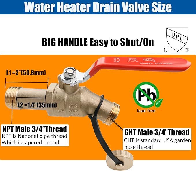 WHK Water Heater Drain Valve 3/4"MIP X 3/4" Male GHT Full Port Connection to drain or Flush Hot Water Heater Faster and Easy(Lead-Free Brass,2 Inch Shank with Long Handle)