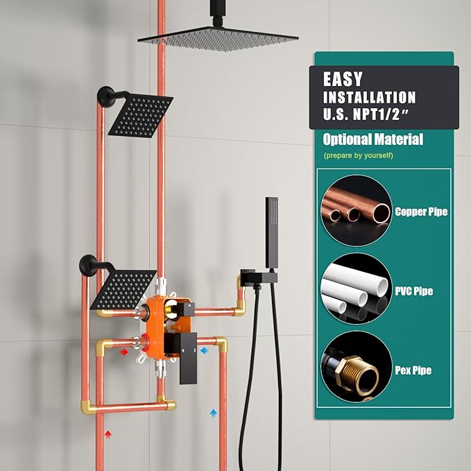 Enga 10 Inch + Dual 6-Inch Rain Shower System, Four Modes Diverter Shower Faucet with Handheld, Luxury Rain Mixer Shower Combo Set, Matte Black