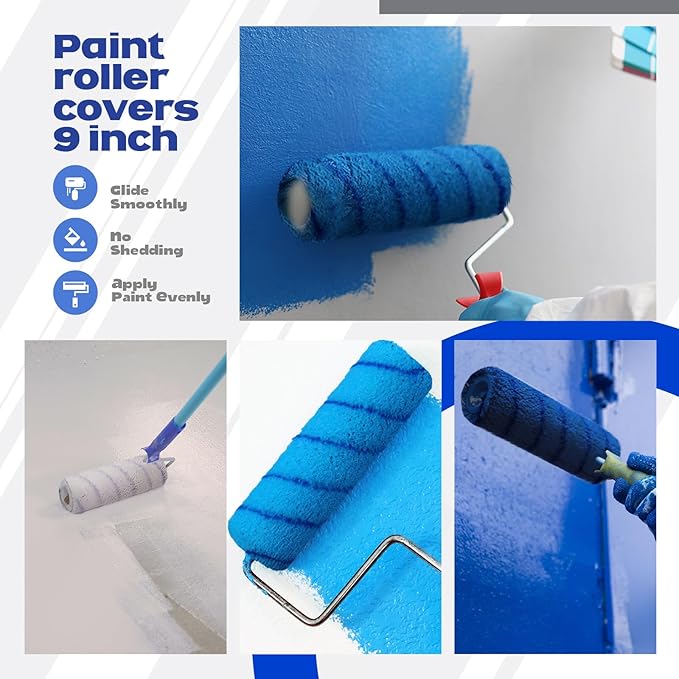 Leumoi 120 Pcs Paint Roller Covers, 1/2 Nap 9" Roller Covers, High Capacity Microfiber Naps for Wall Paint Kit Home Repair Tools Painting Supplies (Blue)