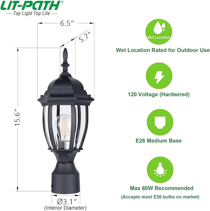 LIT-PaTH Outdoor Post Lighting Fixture Pole Lantern, E26 Medium Base Max 60W, Aluminum Housing Plus Glass, Matte Black Finish, 2-Pack