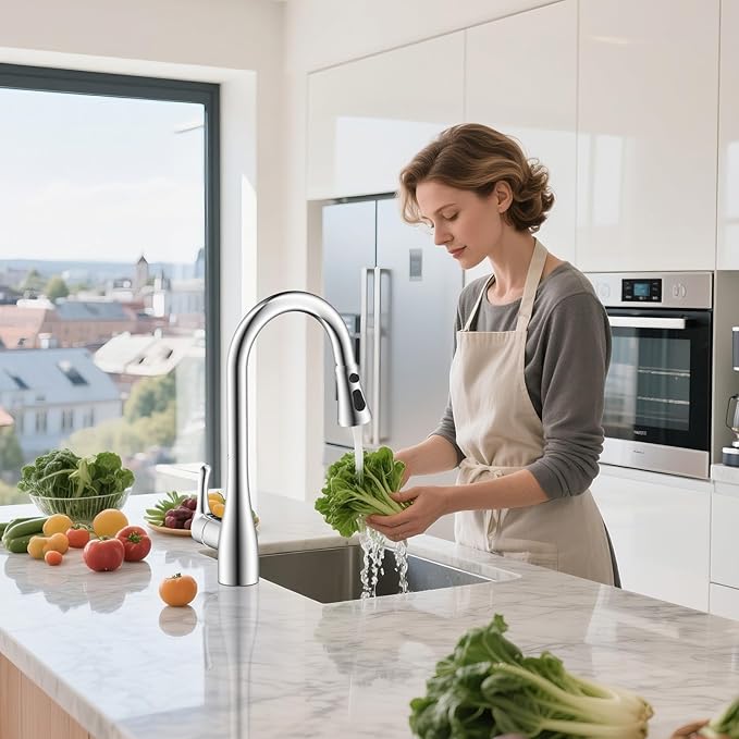 Hibbent Pull Down Spray Head for Kitchen Faucet, 3-Function Spray Nozzle with 15 Adapters, Straight Sink Faucet Head Replacement Compatible with Moen, Delta, Kohler, American Standard, Chrome