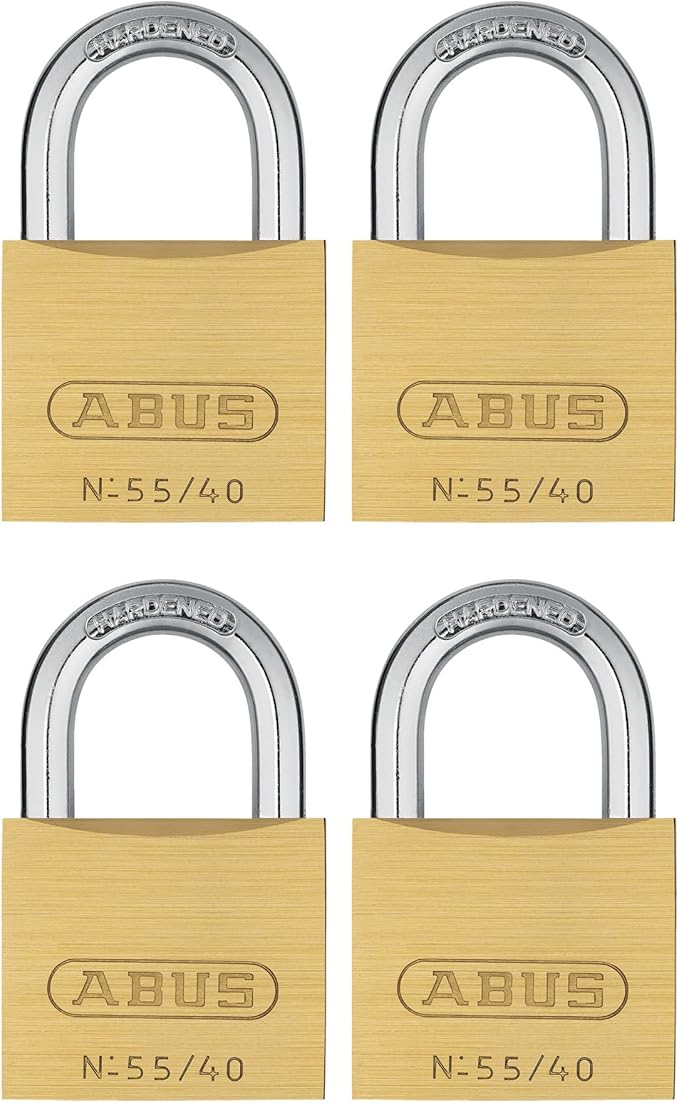 ABUS 55/40 Solid Brass Padlock with 2 Keys for School, Gym, Cabinet 1 1/2in (40mm) Wide (Keyed Alike, 4 Pack)