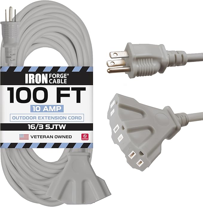 Iron Forge Cable 100 Ft Gray Outdoor Extension Cord with Multiple Outlets, 16/3 SJTW 100 Foot Grey Outdoor & Indoor Extension Cord with 3 Outlets, 3 Prong, Weatherproof 10 Amp Heavy Duty Power Cable