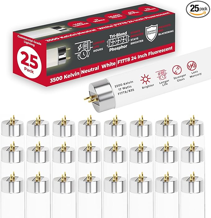 GoodBulb 17-Watt 24 Inch T8 Fluorescent Light Bulb 3500K Soft White Color Medium Bi-Pin Base 1400 Lumens 86 CRI 36000 Life Hours Instant/Programmed Start Pack of 25 Bulbs