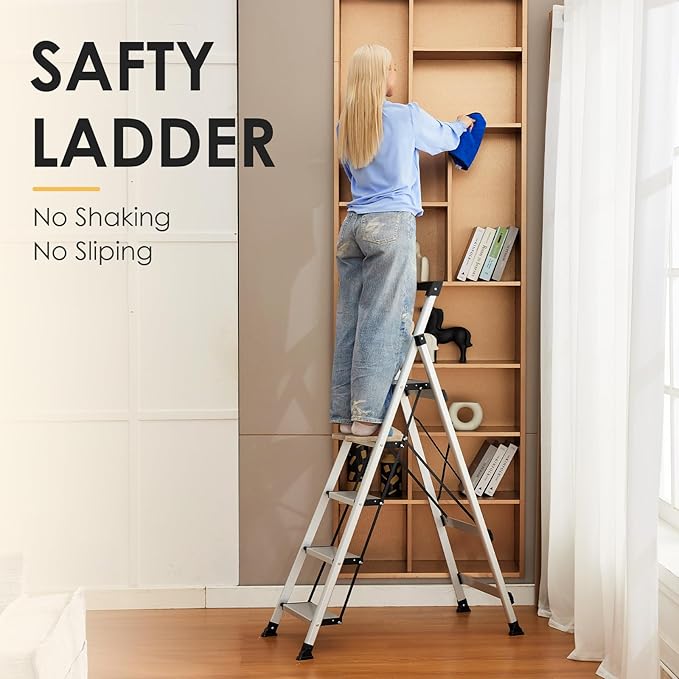 HBtower 5 Aluminum Step Ladder, Strudy Ladders for Home with Tool Tray, Anti-Slip Folding Step Stool for Adults, Light Weight Portable 330lbs Safety for Kitchen Warehouse Outdoor Work