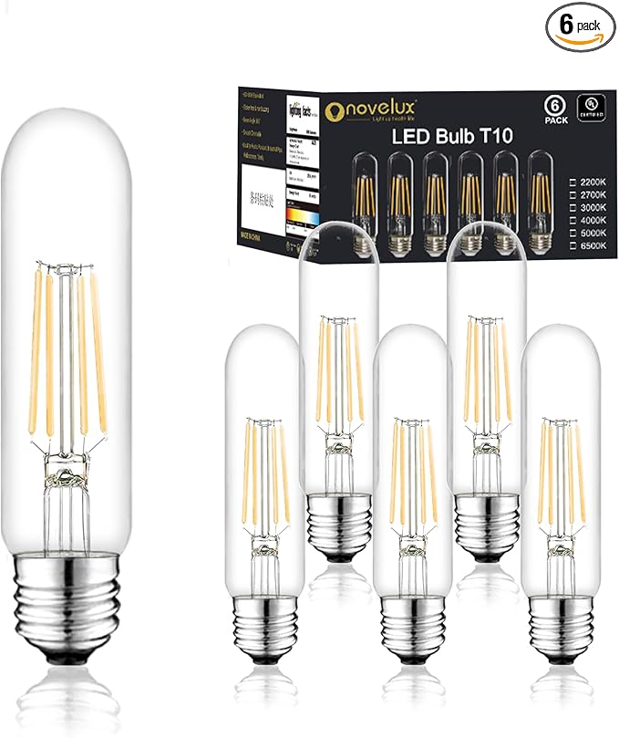 5 Inch E26 Led Bulb Equal 80 Watt, 3000K Warm White Edison Bulb 6W Dimmable, 800LM T10 T9 Clear Glass Tubular Light Bulbs AC 120V for Chandelier Pipe Pendant Wall Light - UL Cert 6Pack