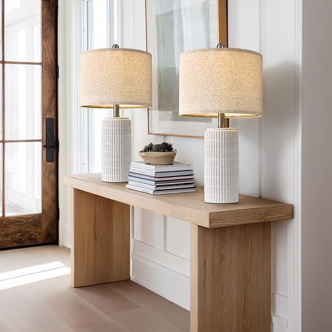 PoKat 24" Farmhouse Ceramic Table Lamps Set of 2 for Bedroom, White Stone-Like Bedside Lamps for Night Stands, Matte-Textured Decor Nightstand Table Lamps for Living Room End Table White