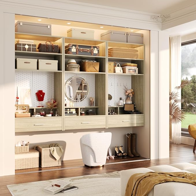 Unikito 24 inch Closet System with Drawers and Magnetic Pegboard, Wall Mounted Closet Organizer with Vanity Storage Shelves, Multipurpose Vanity Desk for Bedroom, Mudroom, and Entryway, White Oak