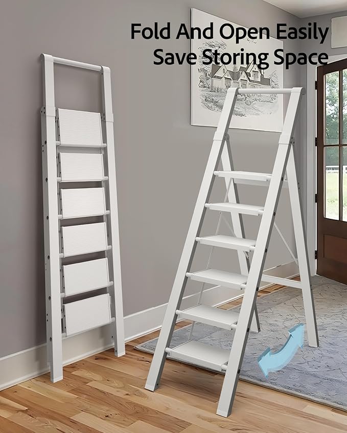 6 Step Ladder, Aluminum Folding Step Stoowith Convenient Handgrip,Lightweight 330lbs CapacityStep Ladder for Household, Ofice, Kitchen(White)