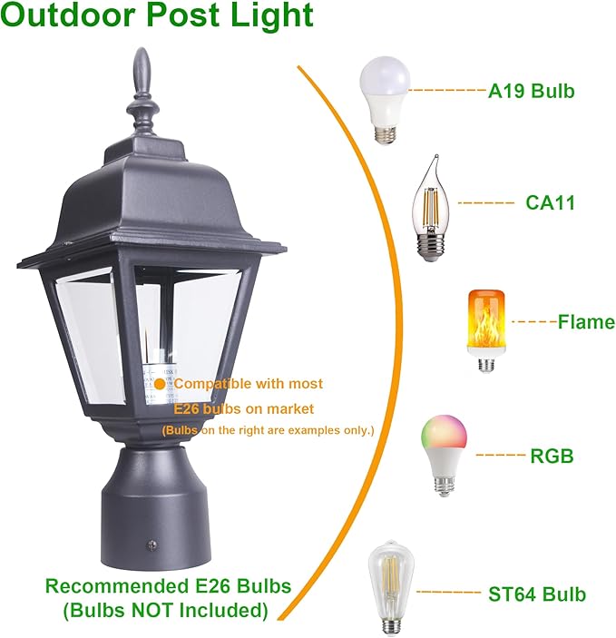 LIT-PaTH Outdoor Post Lighting Fixture Pole Lantern, E26 Medium Base Max 60W, Aluminum Housing Plus Clear Glass, Bulb Not Included, Matte Black Finish, 1-Pack