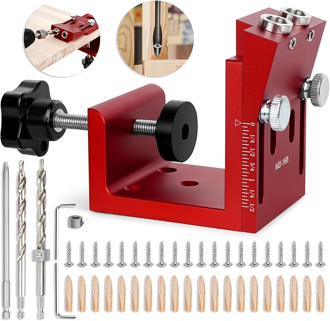 Pocket Hole Jig Kit, Adjustable Aluminum Pocket Hole System, Portable Screw Jig Set Guides Joint Carpentry Locator Woodworking Tools with Wooden Hole Plugs