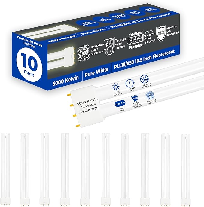 GoodBulb PLL18/850 | 18W 10.5" Twin Tube Compact Fluorescent Light Bulb | 4-pin 2G11 Base 5000K Daylight 1050 Lumen | 36000 Hour Long Life Biax | Pack of 10