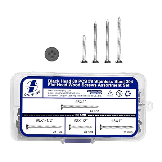 QISHENG 80 PCS Black Head #8 Stainless Steel Phillips Flat Head Wood Screws Assortment Set,Stainless Steel 18-8 A2(304) Screw,Home Screw Kit