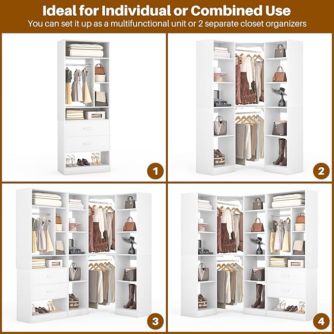 Corner Closet System with 2 Sets, 63.2" Corner Closet Organizer System with 2 Drawers + 18 Shelves + 3 Hanging Rods, Reversible L Shaped Walk-in Closets, White (63.2" L x 39.2" W x 80" H)