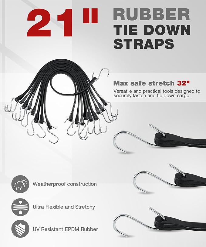 Bungee Cords Heavy Duty Outdoor 21", 10 Pack Rubber Bungee Straps with Metal S Hooks, EPDM Tarp Straps for Cargo, Canopy, All-Weather Use, 180 lbs Load