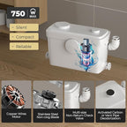 Macerating Pump for Basement Upflush, 750W, 9600 L/h Flow, 36 ft/11 m Head, Macerator Sewerage Sump Pump with 3 Water Inlets for Toilet, Basement, Sink, Shower, Bathtub Waste Water Disposal