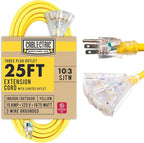 25 Ft Outdoor Extension Cord with 3 Power Outlets - 15 Amp 10/3 SJTW Heavy Duty Yellow 10 Gauge Lighted Electrical Cable with 3 Prong Grounded Plug