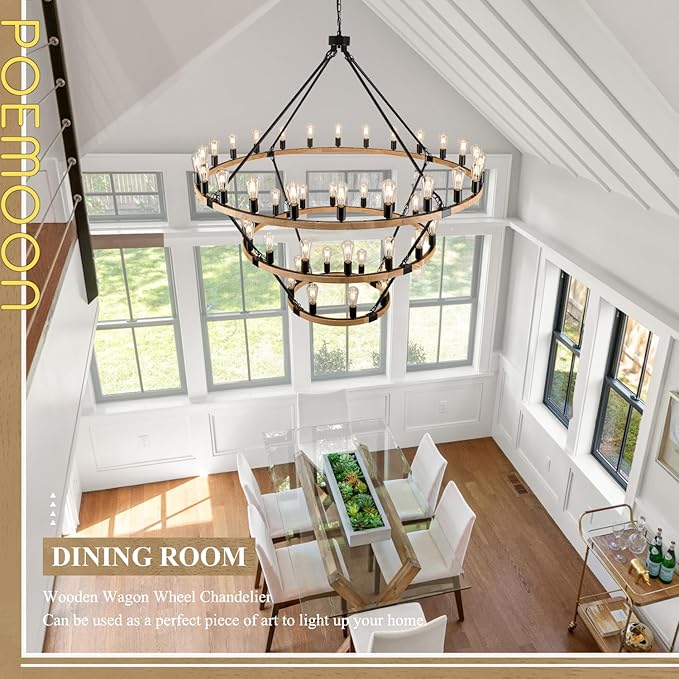 48 Lights 3 Tier Extra Large Wooden Wagon Wheel Chandelier Natural Farmhouse 63'' High Ceiling Black Rustic Round Wood Pendant Light Fixture for Living Room Foyer Villa Staircases