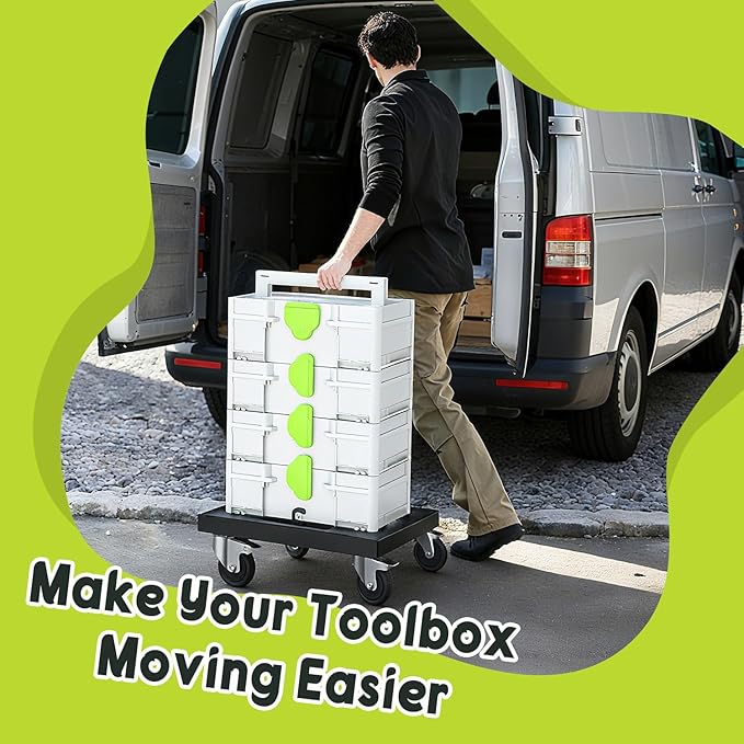 Metal Roll Board for Festool with 4 Rollers, Black Systainer Cart for Festool for Easy Transport of Systainer & T-Loc System, Rolling Board for Festool with Feedthroughs for Straps