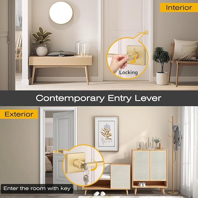 EHOMEWARE 10 Pack Gold Door Handle - Keyed Different, Entry Door Lock with Keys for Living Room or Bedroom, Satin Brass Interior Door Knob with Keys
