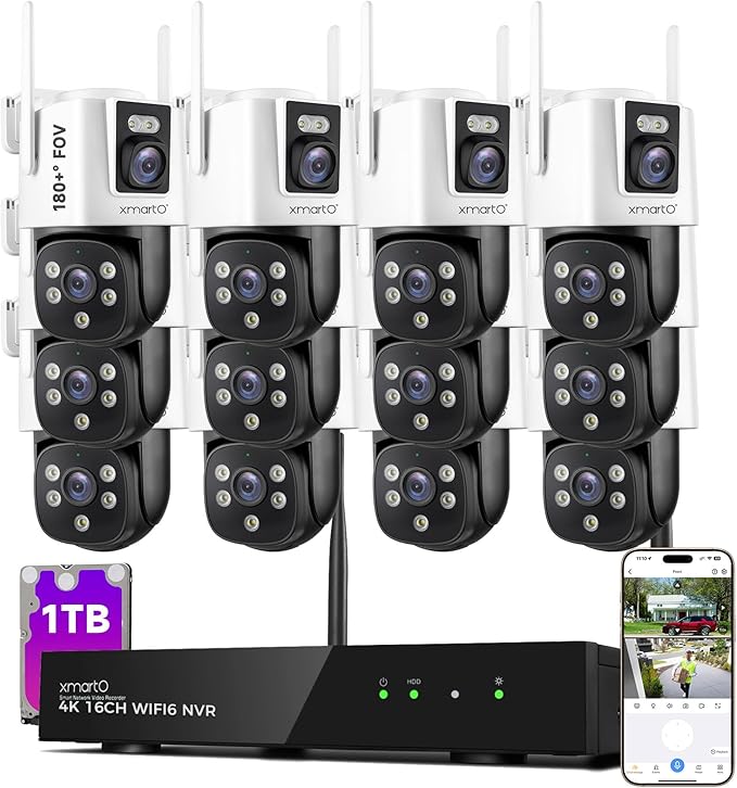 [2-in-1 CAM] XMARTO 16CH Security Camera System Outdoor Wireless, 12pcs 2-in-1 Cameras, 16CH 4K Long Range WiFi 6 Surveillance DVR NVR Kit, Pan Tilt Zoom 4MP QHD Home CCTV Camera Set w. 1TB Hard Disk