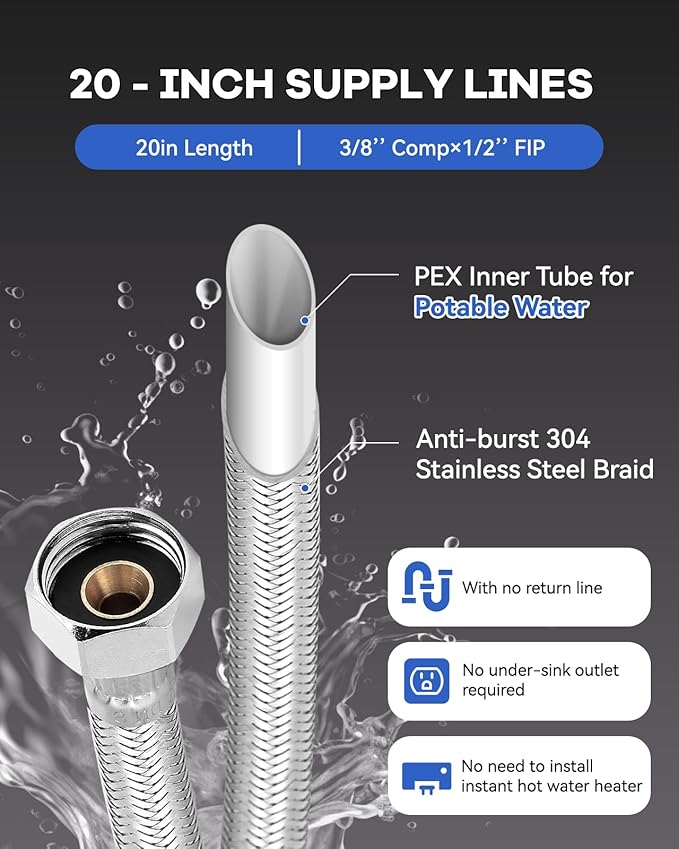 Instant Hot Water Recirculating Pump Kit with 304 Stainless Steel Bypass Valve, 20-in PEX Supply Lines for Potable Water, Smart Plug and Adapters with Rubber Washers for Tank Water Heaters