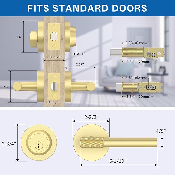 Amerdeco Front Door Lock Set with Double Cylinder Deadbolt, Exterior Entry Door Lever, Heavy Duty Entry Door Locksets for Left or Right Hand Exterior Door（Brushed Gold 1 Pack）