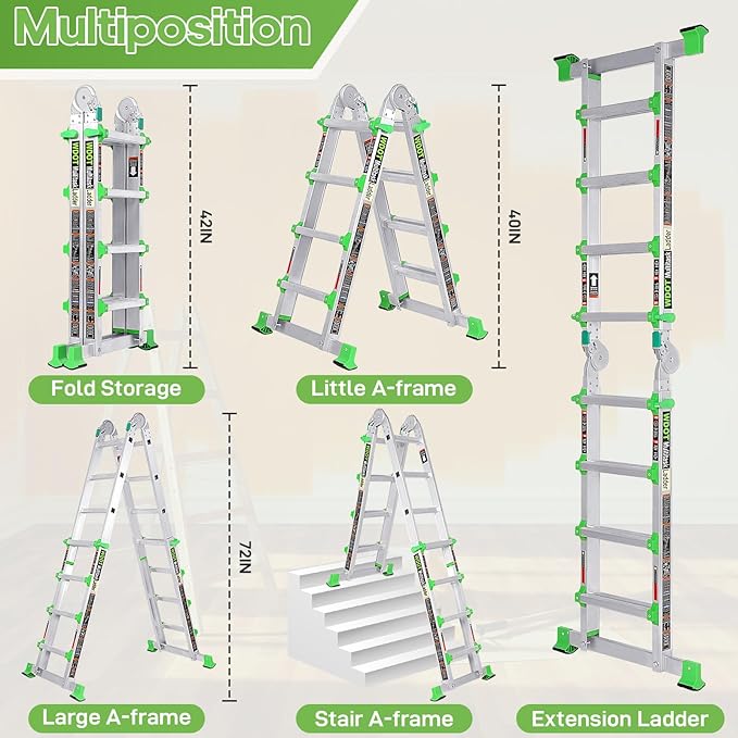 Ladder, Extension Ladders for Home Stairs 14 Ft, 4 Step Multi Position A Frame Ladder with Stabilizer Bar, Compact Folding, 330 lbs Telescopic Aluminum Adjustable Ladders, Escaleras para Casa