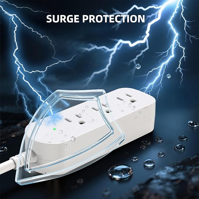 Surge Protector Power Strip, KPQ IPX6 Grade Waterproof Outdoor/Indoor Power Strip Weatherproof with 3 AC Outlets, 5FT Extension Cord, Wall Mountable for Home, Office, Camping-White