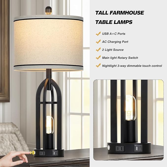 27" Farmhouse Table Lamps Set of 2 with USB A+C Charging Ports,3-Way Dimmable Touch Control Bedside Lamps with Nightlight,Vintage Modern Lamp for Living Room Bedroom with 2 Light Sources