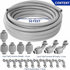 (1/2" Dia * 50 Feet) Yariwiz Flexible Electrical Conduit Liquid Tight PVC Conduit Kit with 5 PCS Coupling, 3 PCS Elbow and 10 PCS Strap, Sealtight Seal Flex Liquidtight Wire Outdoor Non Metallic Grey
