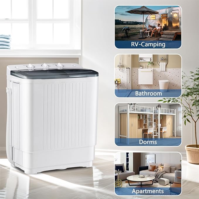 Sportpulse Portable Washing Machine with Time Control, Mini Twin Tub 32lbs Capacity Laundry, 20lbs Washer & 12lbs Spinner, ideal for Camping, Apartments, RV (Black, 32lbs)