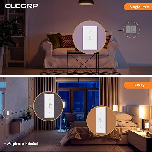 ELEGRP Digital Toggle Dimmer Switch for Dimmable LED, CFL and Incandescent Light Bulbs, Single Pole or 3-Way Toggle LED Dimmer Light Switch, Wall Plate Included, UL Listed, 1 Pack, White