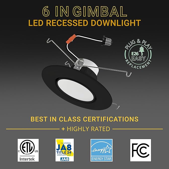 NUWATT 6 Inch 6 Pack Black Trim Retrofit Gimbal LED Recessed Downlight, High Lumen, 1200lm, 16W, Selectable 5CCT 2700K/3000K/3500K/4000K/5000K Dimmable, Adjustable Lens Eyeball Light, ETL Listed