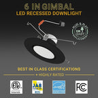 NUWATT 6 Inch Recessed Gimbal Downlight, Dimmable, 16.5 Watts, 1200 Lumens, 120V, 5CCT: 27K/30K/35K/40K/50K, CRI >90, ETL Listed, Black Finish