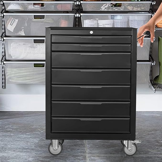 7-Drawer Rolling Tool Chest w/Drawers & Lock, Tool Storage Cabinet with Lockable Wheels, Top Cushion & Drawer Liners, Tool Organizer Box for Garage, Warehouse & Repair Sho