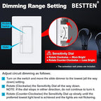 BESTTEN Super Slim Dimmer Light Switch, Quiet Rocker, Max 300W LED, CFL, 600W Incandescent, Single Pole or 3 Way Dimmable Switch with Screwless Wallplate, ETL Listed, 3 Pack, White