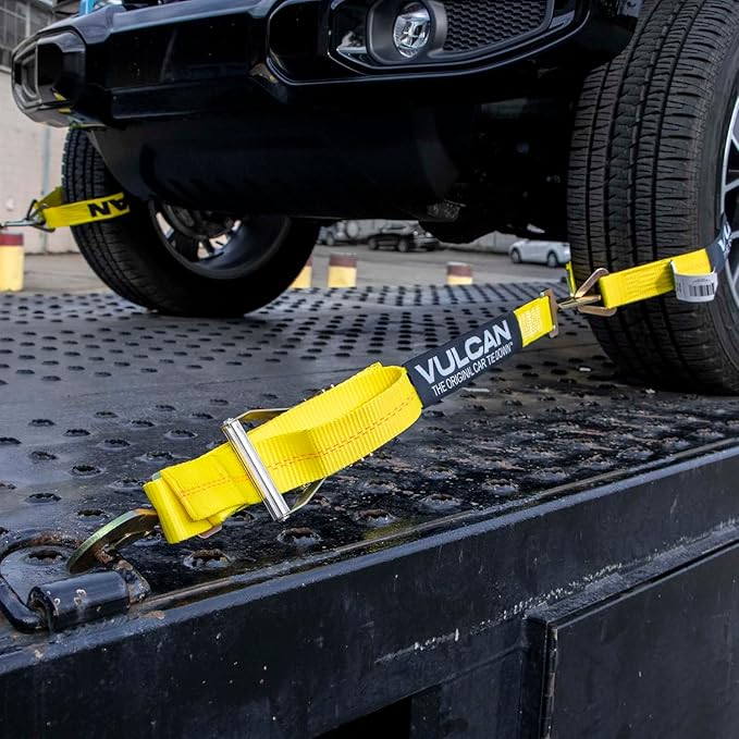 VULCAN Ultimate Axle Tie Down Kit - Classic Yellow Webbing - Includes (2) 22 Inch and (2) 36 Inch Axle Straps, (2) 96 Inch Snap Hook Ratchet Strap, and (2) 112 Inch Loop Tie Down Combinations
