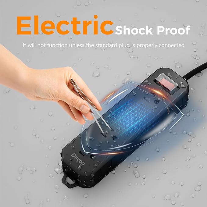 Outdoor Power Strip Weatherproof, 25 FT Extension Cord, Diivoo Waterproof Surge Protector with 4 Outlets 1250W Shockproof Overload Protection, Flat Plug, Black