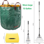 Leaf Collector Garden Rake Set - Adjustable 18 Tines Leaf Rakes & Leaf Picker Upper & 72 Gallon Lawn Waste Bag, Heavy Duty Collect Rake, Hand Leaf Scoop, Brown Paper Dumpster, Yard Gardening Tool