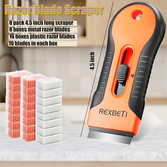 REXBETI Razor Blade Scraper Tool, 8 Pack Razor Scraper Set with Extra 240Pcs Razor Blades- 80Pcs Metal and 160Pcs Plastic Blades, Cleaning Scraper Tool, Cooktop Scraper, Paint Scraper, Glass Scraper