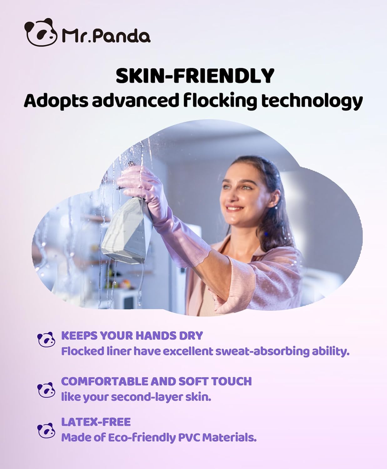 Mr.Panda Skin-Friendly Flocked Cotton Liner Cleaning Gloves Large, Reusable Dishwashing Gloves for Washing Dishes, Kitchen, Shimmering Pink