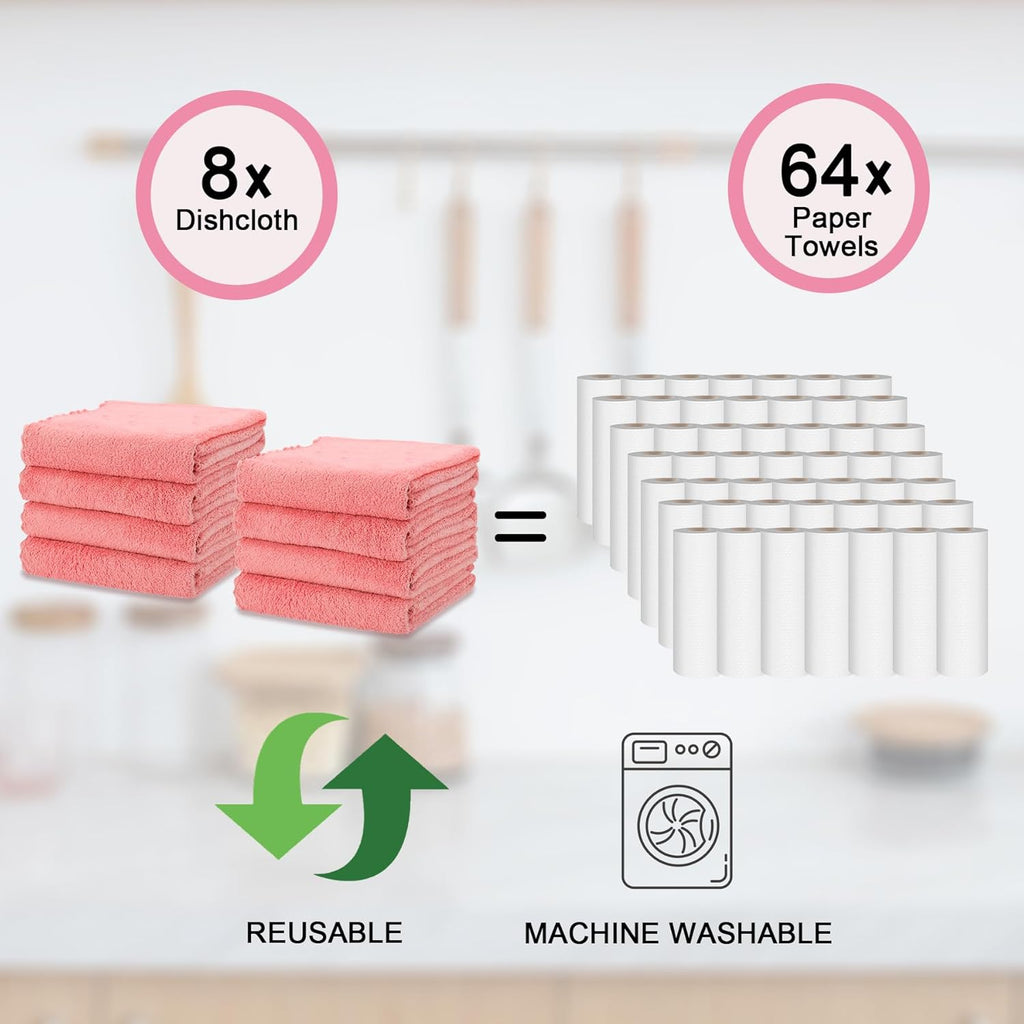 kimteny Kitchen Cloth Dish Towels, 13x28 Inches Premium Dishcloths, Super Absorbent Coral Velvet Microfiber Cleaning Cloths, Fast Drying Rags for Washing Dishes (13x28-8 Pack, Pink)